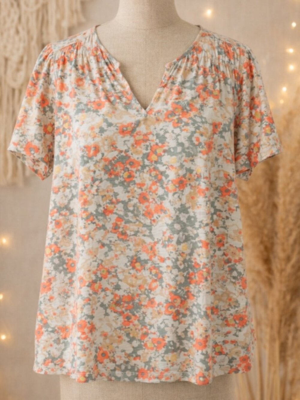 L.L. Bean Coral Floral Cotton Top XL Cottagecore Boho Chic Coastal Grandmother